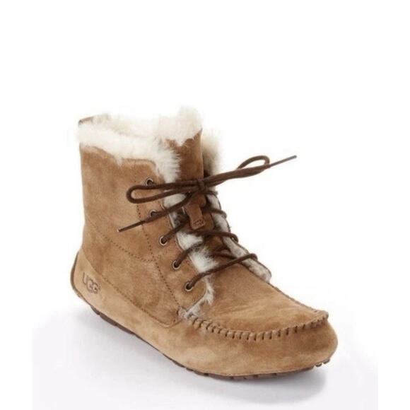NWOT UGG Chickaree Faux Fur Suede Moccasin Lace Up Boot Slippers Size 8 - Picture 1 of 10